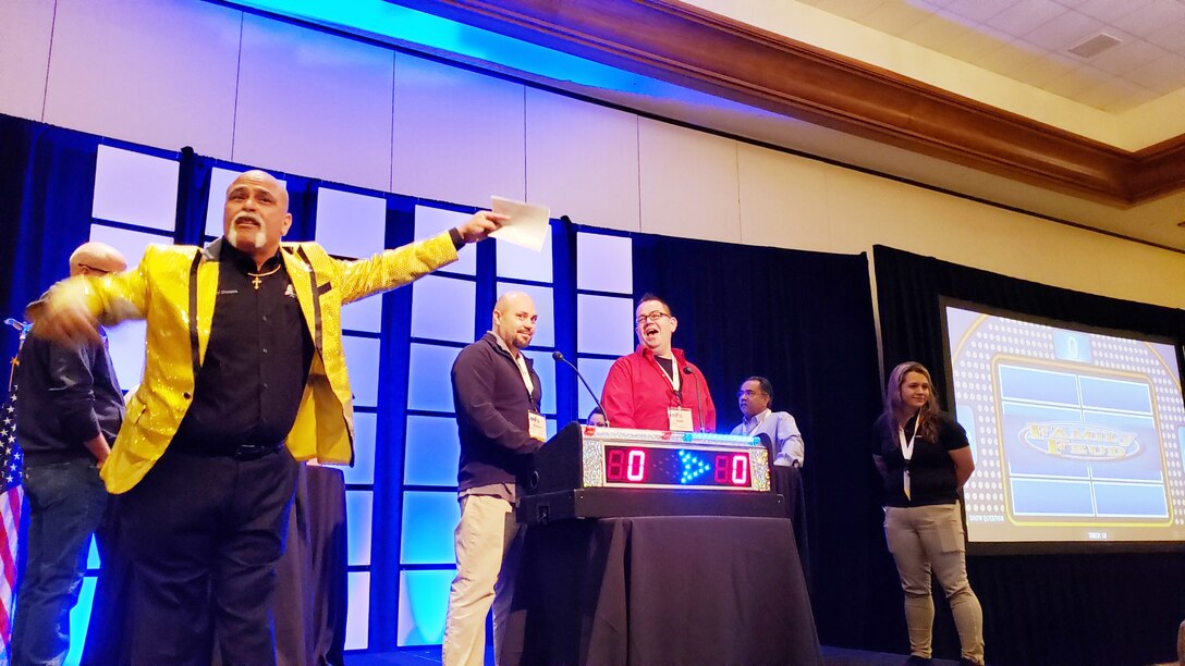 Isaac Padilla, Security and Emergency Services Department, having fun during the No Safety Family Feud activity at the VPP Participants Association Safety Summit, April 17 in Tucson, Arizona.