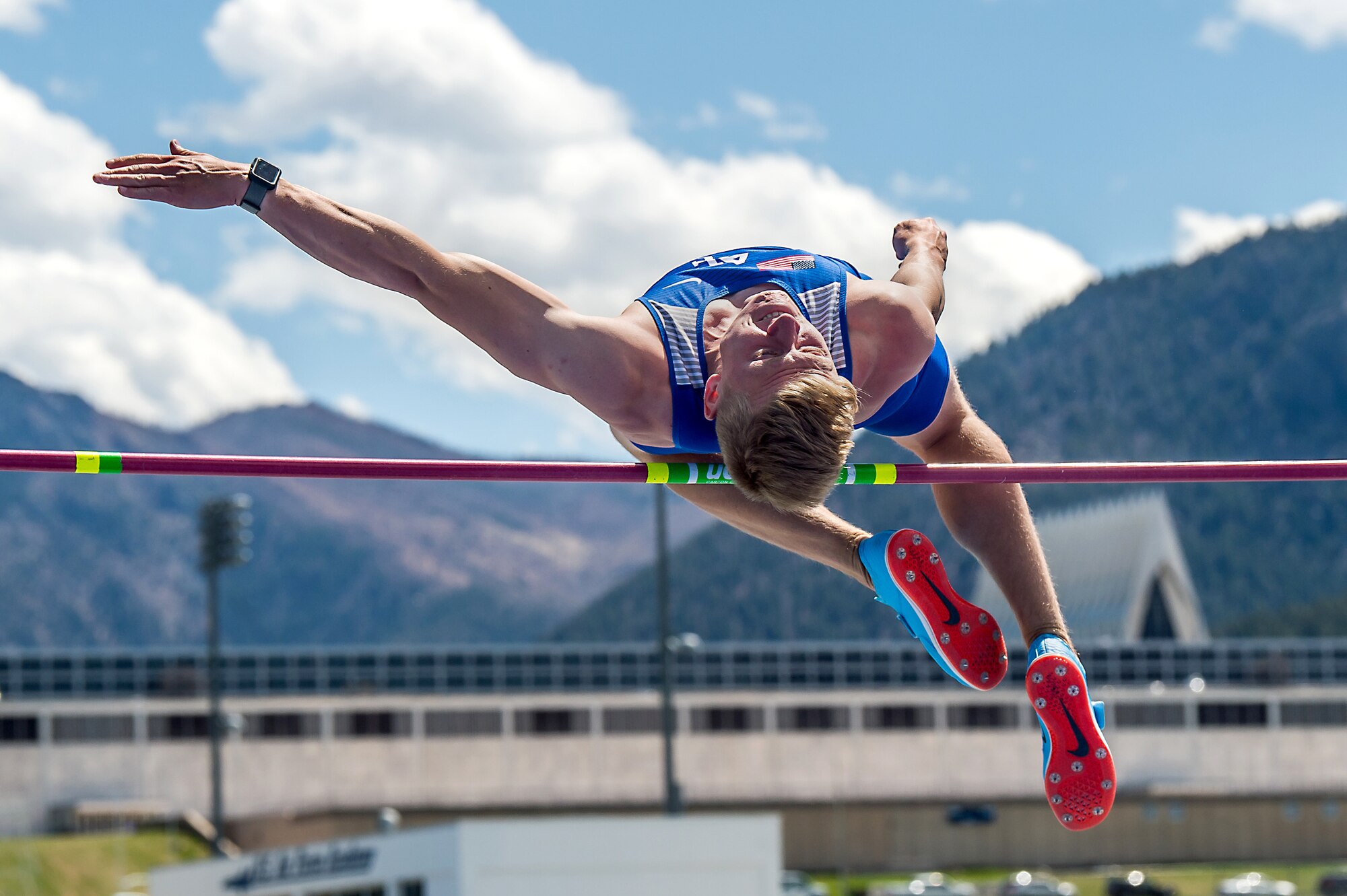 A cadet competes in a high-jump competition