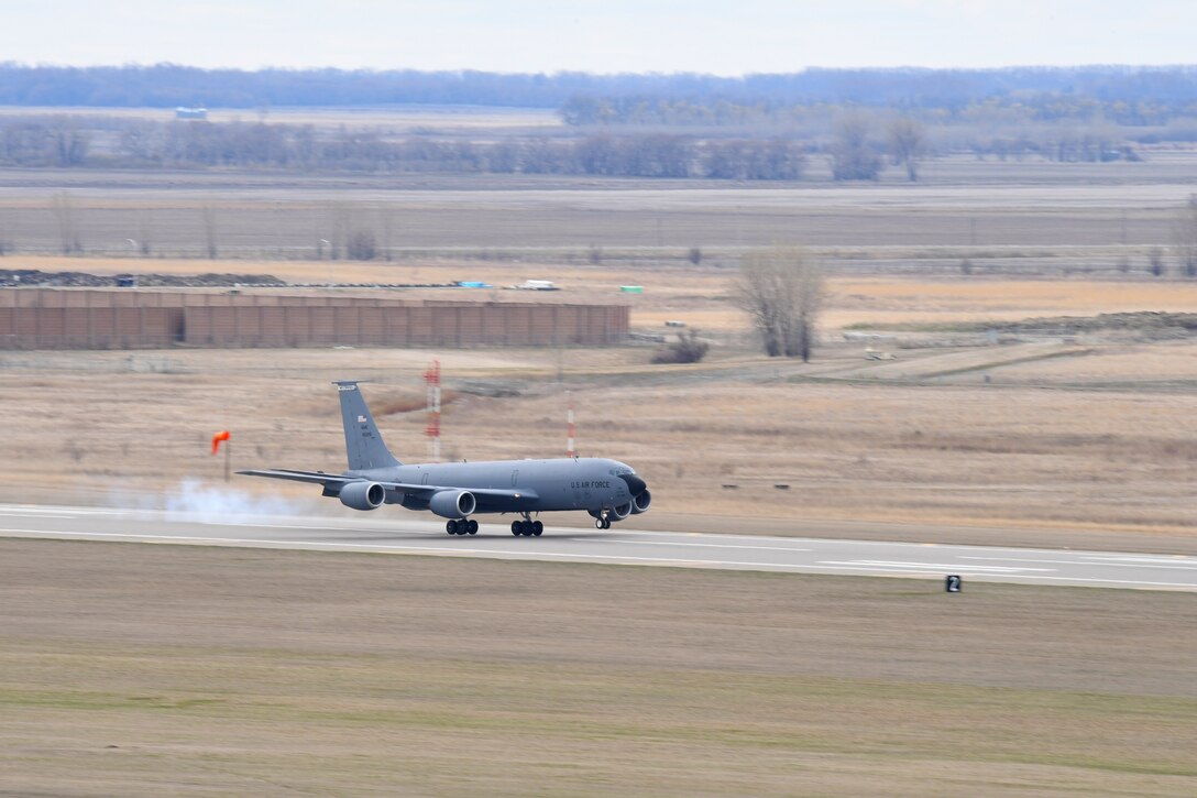 A KC-135 Stratotanker, assigned to the 22nd Air Refueling Wing, lands May 6, 2019, on Grand Forks Air Force Base, North Dakota. This KC-135 was one of several to be housed on Grand Forks AFB temporarily as inclement weather passed near McConnell AFB, Kansas. (U.S. Air Force photo by Senior Airman Elora J. Martinez)