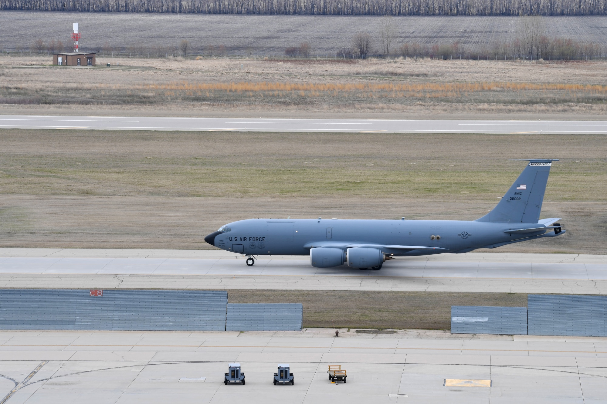 A KC-135 Stratotanker, assigned to the 22nd Air Refueling Wing, taxis to the parking ramp May 6, 2019, on Grand Forks Air Force Base, North Dakota. The KC-135 is a familiar face in Grand Forks AFB’s history, having been a part of its mission for 50 years, but was completely replaced by the current RQ-4 Global Hawk operations in 2010. (U.S. Air Force photo by Senior Airman Elora J. Martinez)