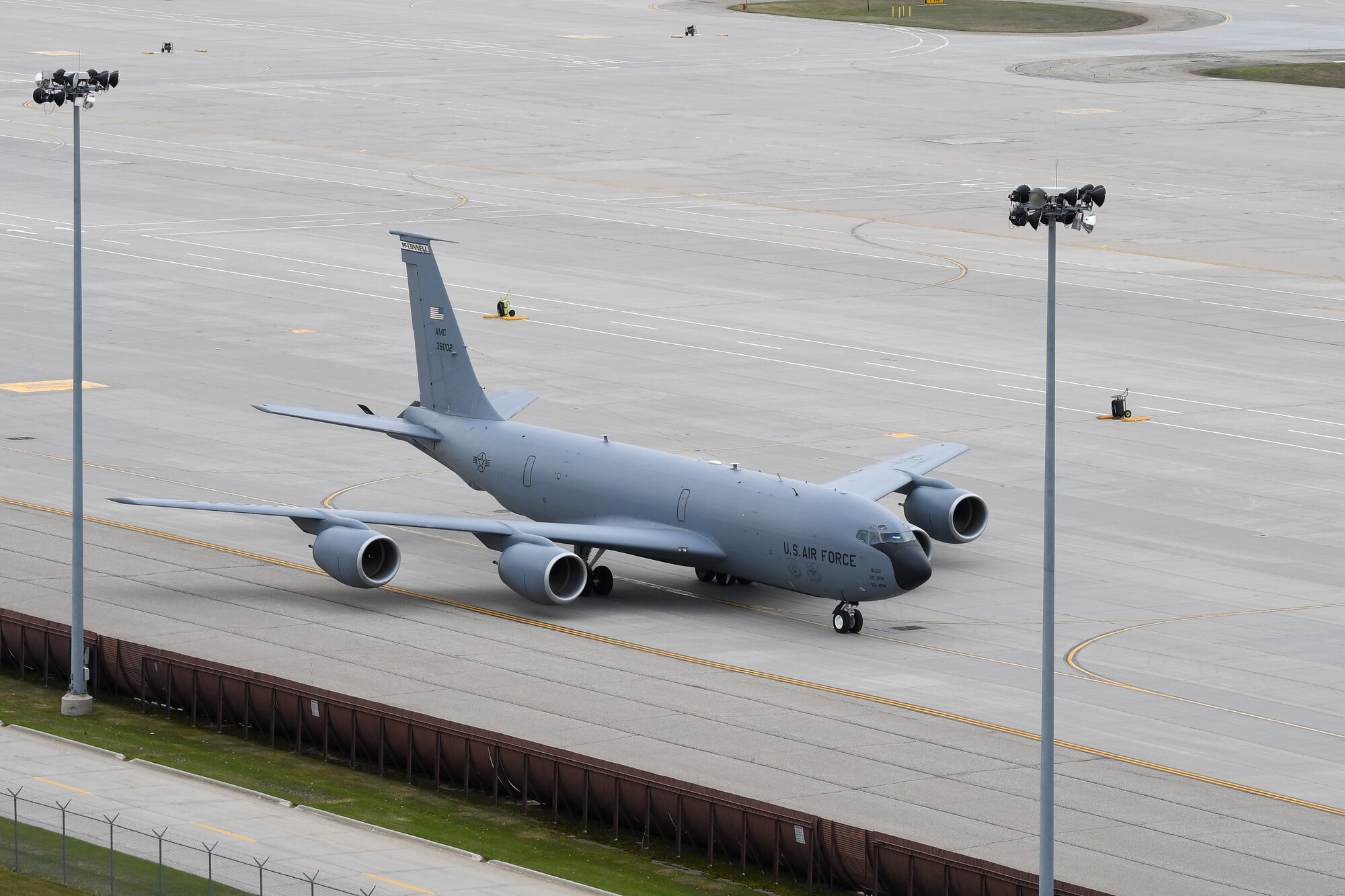 A KC-135 Stratotanker, assigned to the 22nd Air Refueling Wing, nears the parking ramp May 6, 2019, on Grand Forks Air Force Base, North Dakota. Airmen with the 319th Operations Squadron, 319th Logistics Readiness Squadron and 69th Maintenance Squadron worked together in anticipation of the temporary housing of several KC-135’s, due to inclement weather near McConnell AFB, Kansas. (U.S. Air Force photo by Senior Airman Elora J. Martinez)