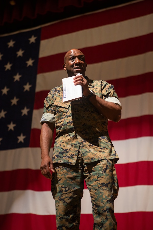 Sgt. Maj. Ronald L. Green, Sergeant Major of the Marine Corps, speaks to Marines during a town hall meeting at the Bob Hope Theater on Marine Corps Air Station Miramar, Calif., May 8. Green spoke before the Gen. Robert B. Neller, Commandant of the Marine Corps, where they both provided information on current issues, spoke about the future of the Marine Corps, and answered Marines’ questions during a town hall meeting. (U.S. Marine Corps photo by Sgt. Becky Cleveland)