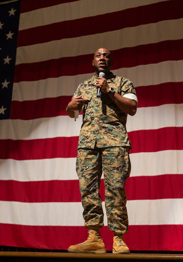 Sgt. Maj. Ronald L. Green, Sergeant Major of the Marine Corps, speaks to Marines during a town hall meeting at the Bob Hope Theater on Marine Corps Air Station Miramar, Calif., May 8. Green spoke before the Gen. Robert B. Neller, Commandant of the Marine Corps, where they both provided information on current issues, spoke about the future of the Marine Corps, and answered Marines’ questions during a town hall meeting. (U.S. Marine Corps photo by Sgt. Becky Cleveland)