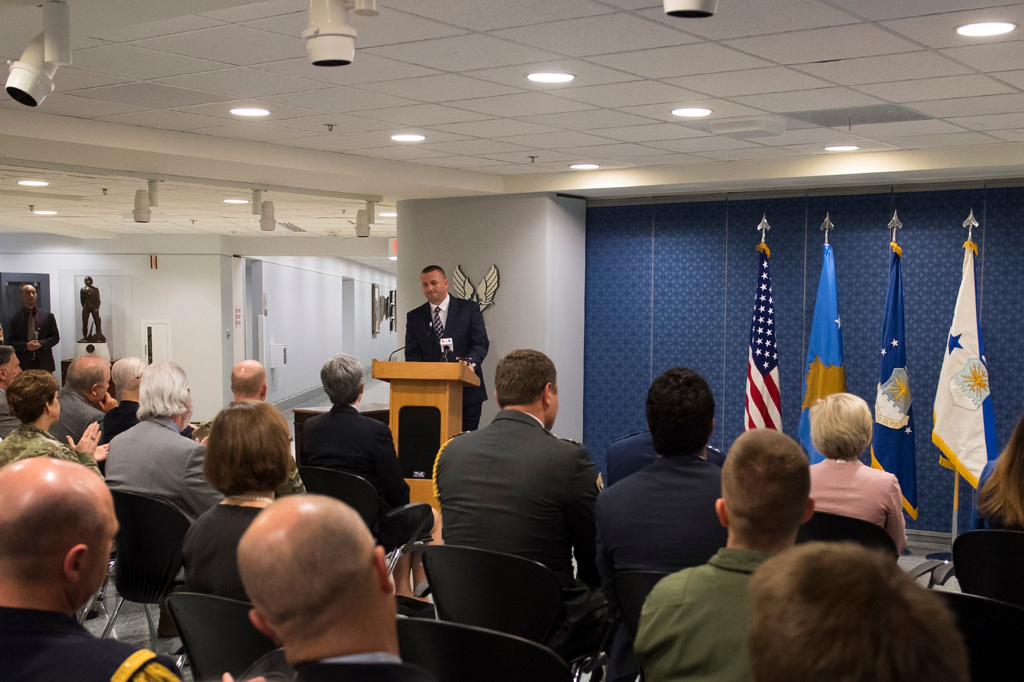 Bombing survivor and honoree, Muharren Alija, recounted his memories of surviving an accidental bombing by NATO fighters, during a ceremony commemorating the 20th anniversary of Operation Allied Force at the Pentagon, Arlington, Va., May 8, 2019. Operation Allied Force was initiated in 1999 by NATO in response to Serbian President Slobodan Milosevic’s campaign of ethnic cleansing of Kosovar Albanians. (U.S. Air Force photo by Adrian Cadiz)
