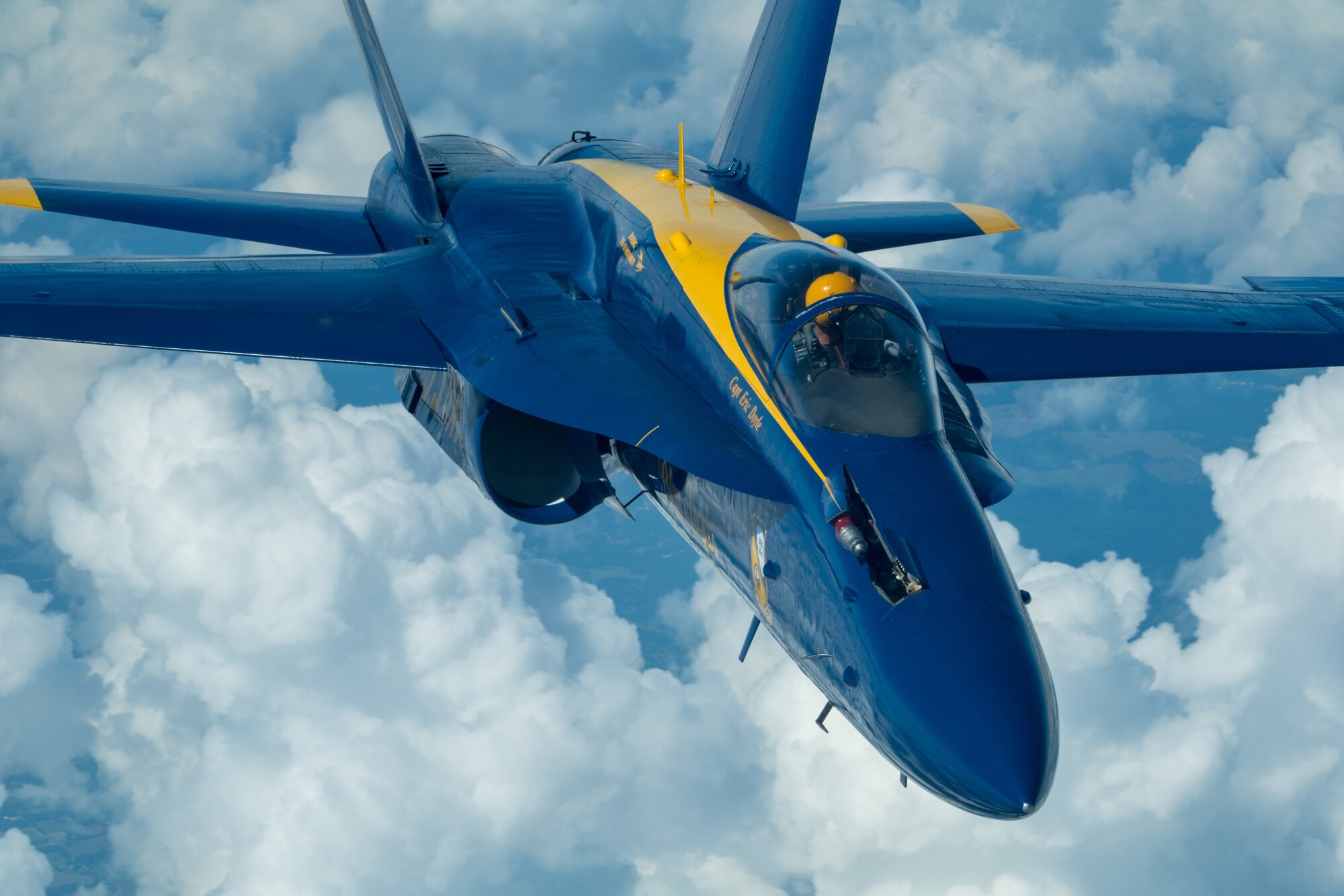 U.S. Navy Capt. Eric Doyle, commanding officer of the U.S. Navy Flight Demonstration Squadron, the Blue Angels, rejoins his formation after having been refueled by the 78th Air Refueling Squadron, 514th Air Mobility Wing, Joint Base McGuire-Dix-Lakehurst, N.J., May 8, 2019. The 78th ARS provided centerline drogue air refueling for the Blue Angels on their way to Joint Base Andrews, Md. for an air show. (U.S. Air Force photo by Senior Airman Ruben Rios)