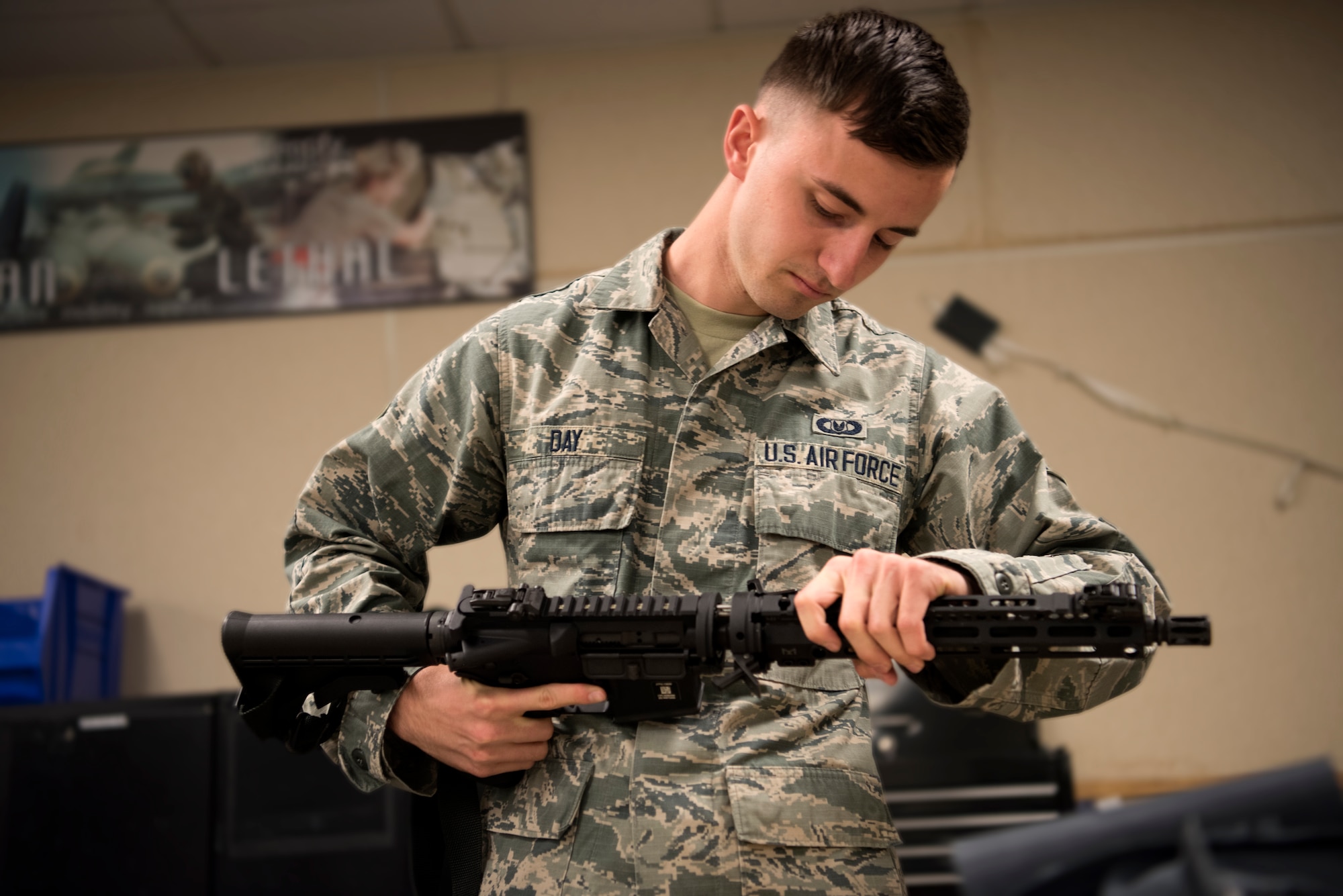 Airman First Class Zack Day, 366th Operation Support Squadron aircrew flight equipment apprentice, assembles a GUA-5A May 6, 2019, at Mountain Home Air Force Base, Idaho. The GUA-5A is a part of the ACES II survival kit that is provided for every aircrew member in the event they must eject into hostile territory. The weapon is easily assembled without tools and provides semi-automatic capabilities.