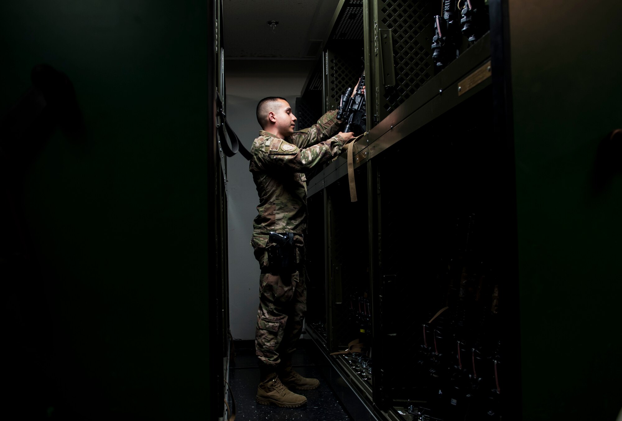 Senior Airman Jason Mendoza-Anaya, 341st Security Support Squadron armorer, inspects M-4 carbine rifles May 8, 2019, at Malmstrom Air Force Base, Mont.