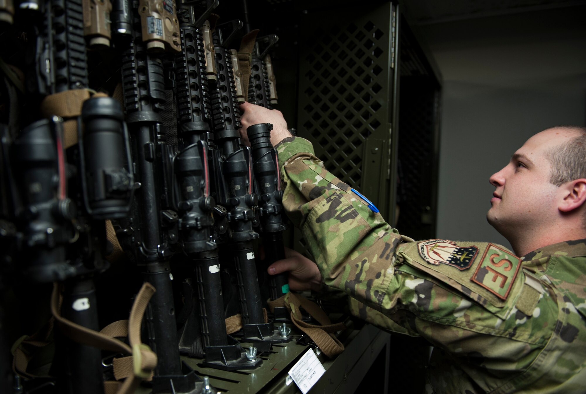 Staff Sgt. David Atkerson, 341st Security Support Squadron armory shift supervisor, conducts weapons inventory May 8, 2019, at Malmstrom Air Force Base, Mont.
