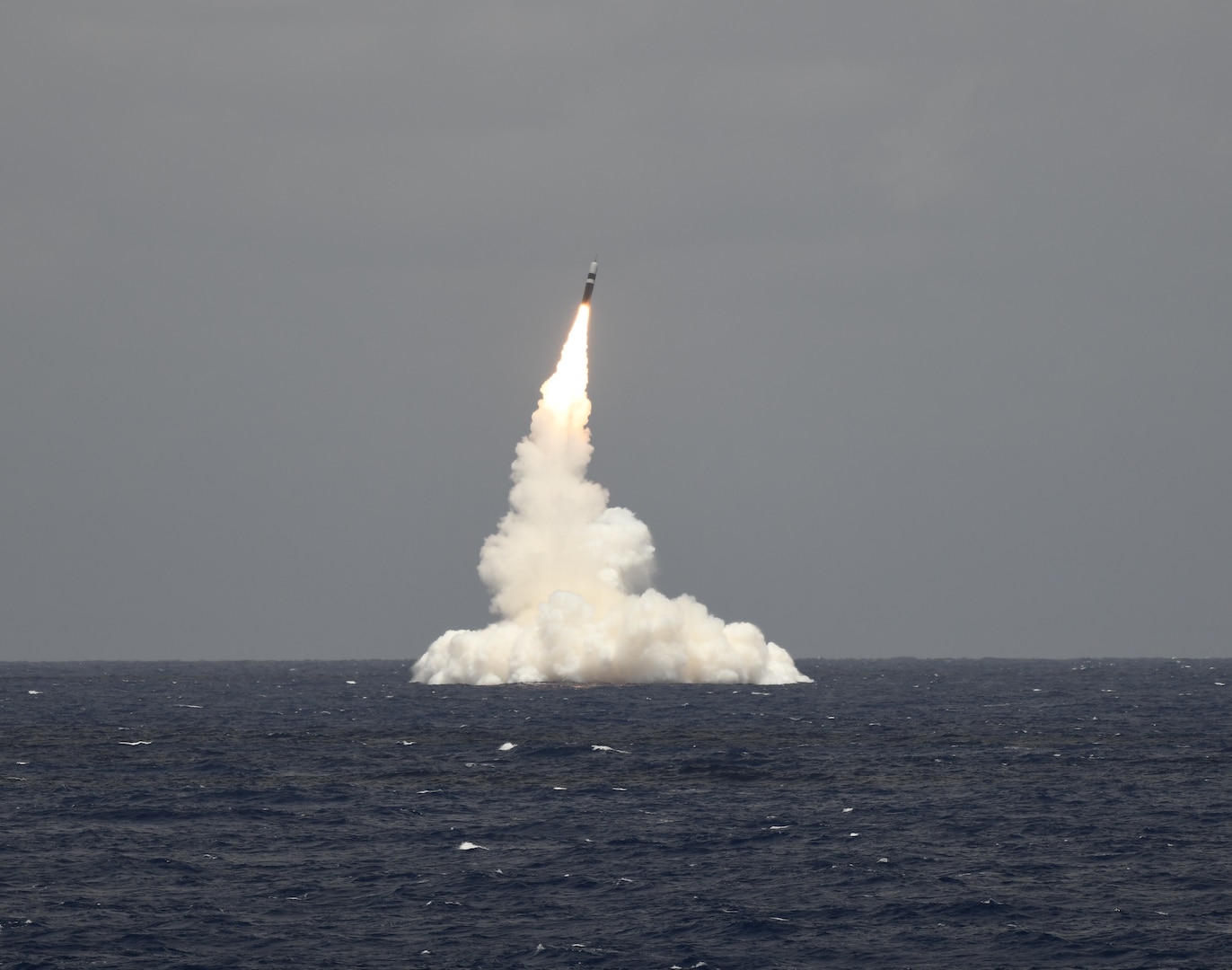 ATLANTIC OCEAN (May 9, 2019) An unarmed Trident II D5 missile launches from the Ohio-class ballistic missile submarine USS Rhode Island (SSBN 740) off the coast of Cape Canaveral, Florida, May 9, 2019. The test launch was part of the U.S. Navy Strategic Systems Programs' demonstration and shakedown operation certification process. The successful launch certified the readiness of the SSBN crew and the operation performance of the submarine's strategic weapons
system following completion of its engineered refueling overhaul before
returning to operational availability. (U.S. Navy photo by John Kowalski/Released)