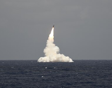 ATLANTIC OCEAN (May 9, 2019) An unarmed Trident II D5 missile launches from the Ohio-class ballistic missile submarine USS Rhode Island (SSBN 740) off the coast of Cape Canaveral, Florida, May 9, 2019. The test launch was part of the U.S. Navy Strategic Systems Programs' demonstration and shakedown operation certification process. The successful launch certified the readiness of the SSBN crew and the operation performance of the submarine's strategic weapons
system following completion of its engineered refueling overhaul before
returning to operational availability. (U.S. Navy photo by John Kowalski/Released)