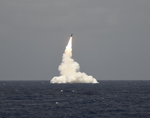 ATLANTIC OCEAN (May 9, 2019) An unarmed Trident II D5 missile launches from the Ohio-class ballistic missile submarine USS Rhode Island (SSBN 740) off the coast of Cape Canaveral, Florida, May 9, 2019. The test launch was part of the U.S. Navy Strategic Systems Programs' demonstration and shakedown operation certification process. The successful launch certified the readiness of the SSBN crew and the operation performance of the submarine's strategic weaponssystem following completion of its engineered refueling overhaul beforereturning to operational availability. (U.S. Navy photo by John Kowalski/Released)