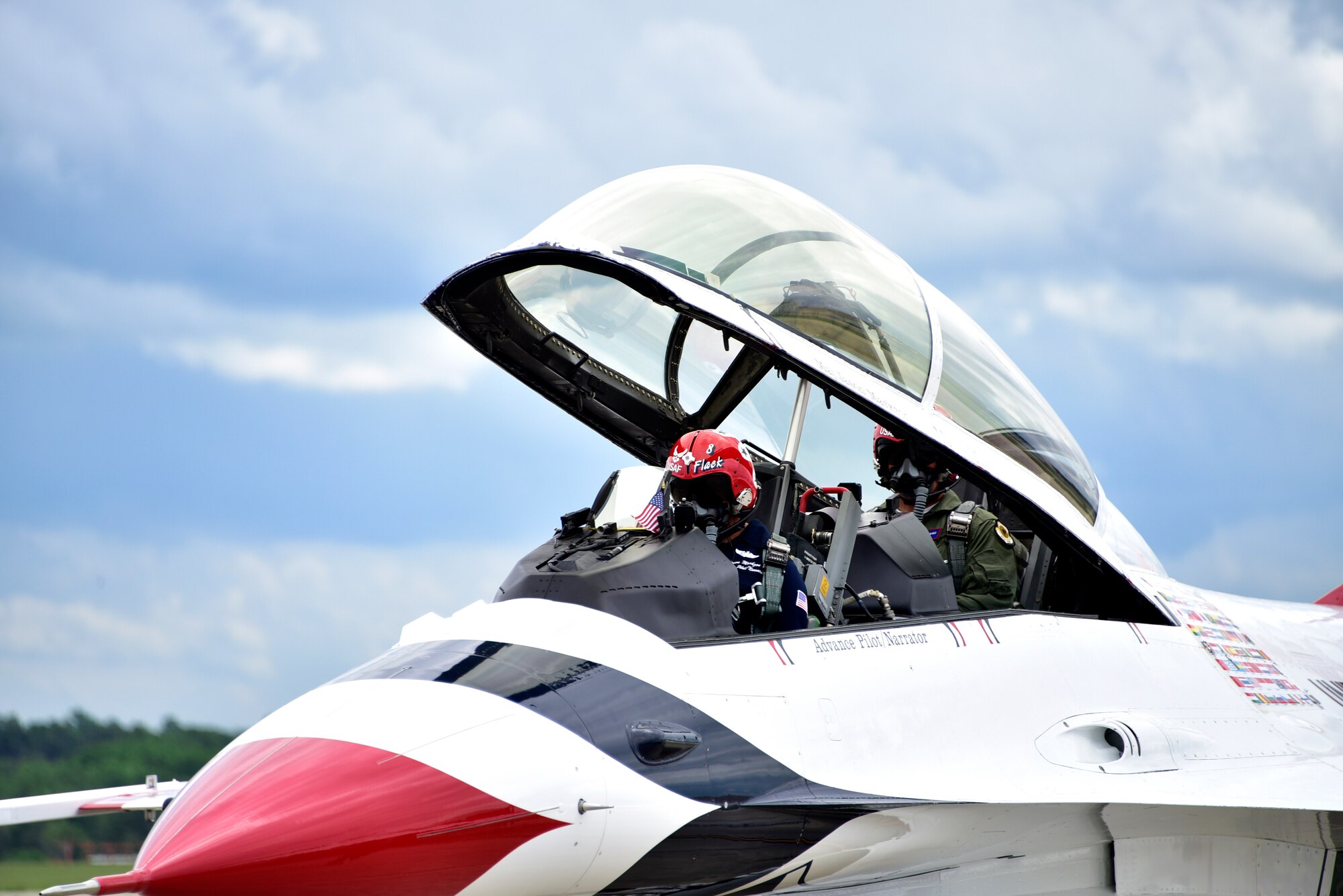 Maj. Jason Markzon, Advance Pilot/Narrator for the U.S. Air Force Demonstration Squadron “Thunderbirds”, front, and Todd Heap, former tight end for the Baltimore Ravens, get ready for a flight on Joint Base Andrews, Md. May 9, 2019. After arriving at JBA, the Thunderbirds met with Heap and practiced their performance in preparation for the 2019 JBA Legends in Flight Air & Space Expo. (U.S. Air Force photo by Airman 1st Class Noah Sudolcan)