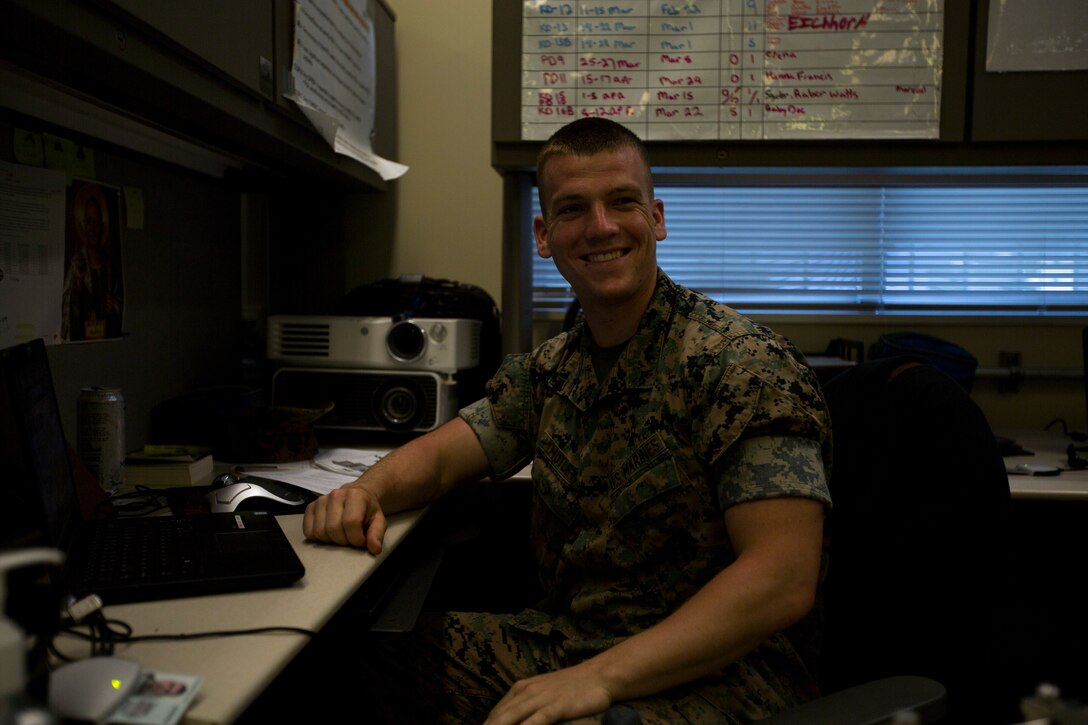 Lance Cpl. Ryan C. Motley, an S-3 fires specialist with the 31st Marine Expeditionary Unit, inputs information into the Marine Corps Training Information Management System at Camp Hansen, Okinawa, Japan, April 18, 2019.