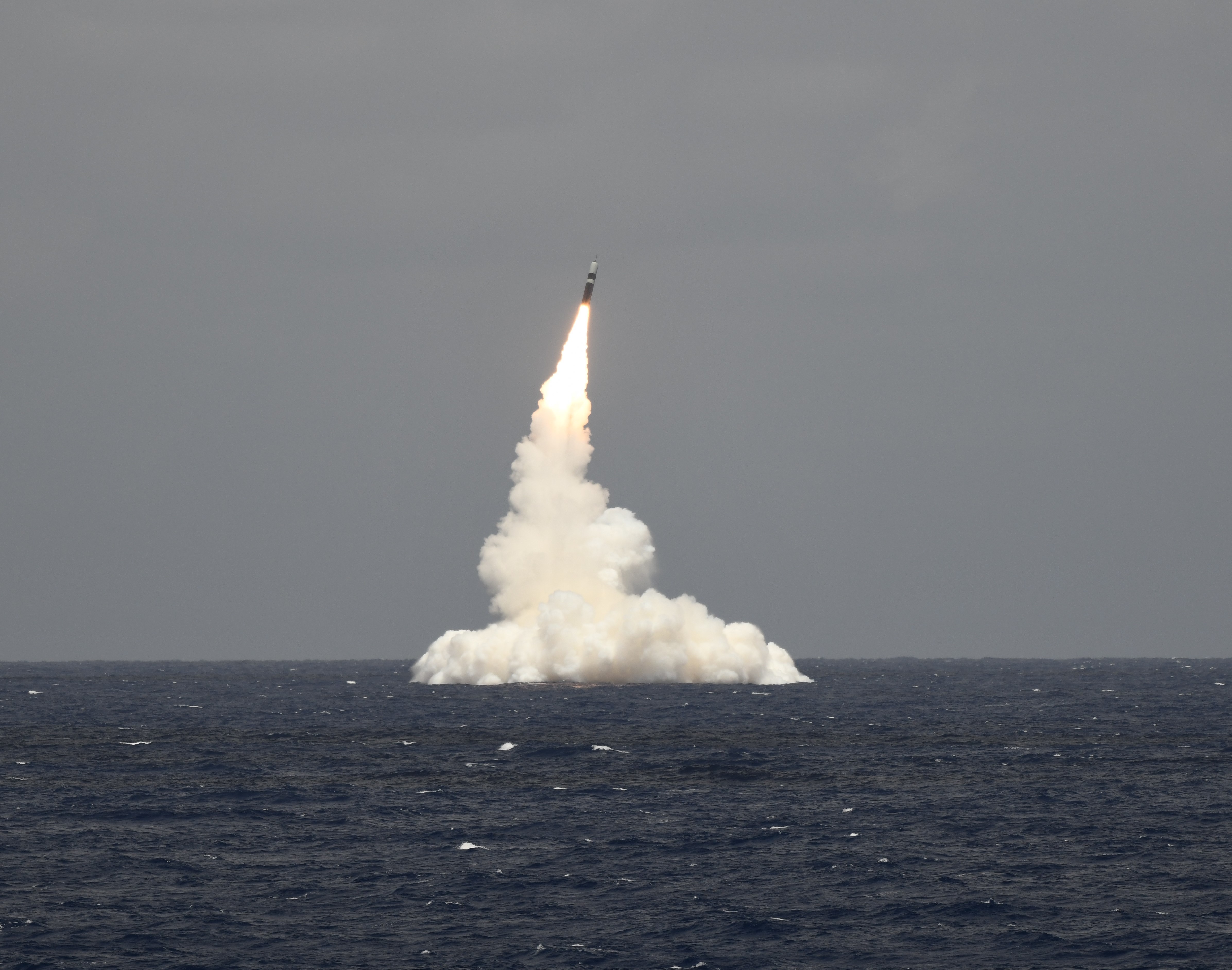 ATLANTIC OCEAN (May 9, 2019) An unarmed Trident II D5 missile launches from the Ohio-class ballistic missile submarine USS Rhode Island (SSBN 740) off the coast of Cape Canaveral, Florida, May 9, 2019. The test launch was part of the U.S. Navy Strategic Systems Programs' demonstration and shakedown operation certification process. The successful launch certified the readiness of the SSBN crew and the operation performance of the submarine's strategic weapons
system following completion of its engineered refueling overhaul before
returning to operational availability. (U.S. Navy photo by John Kowalski/Released)