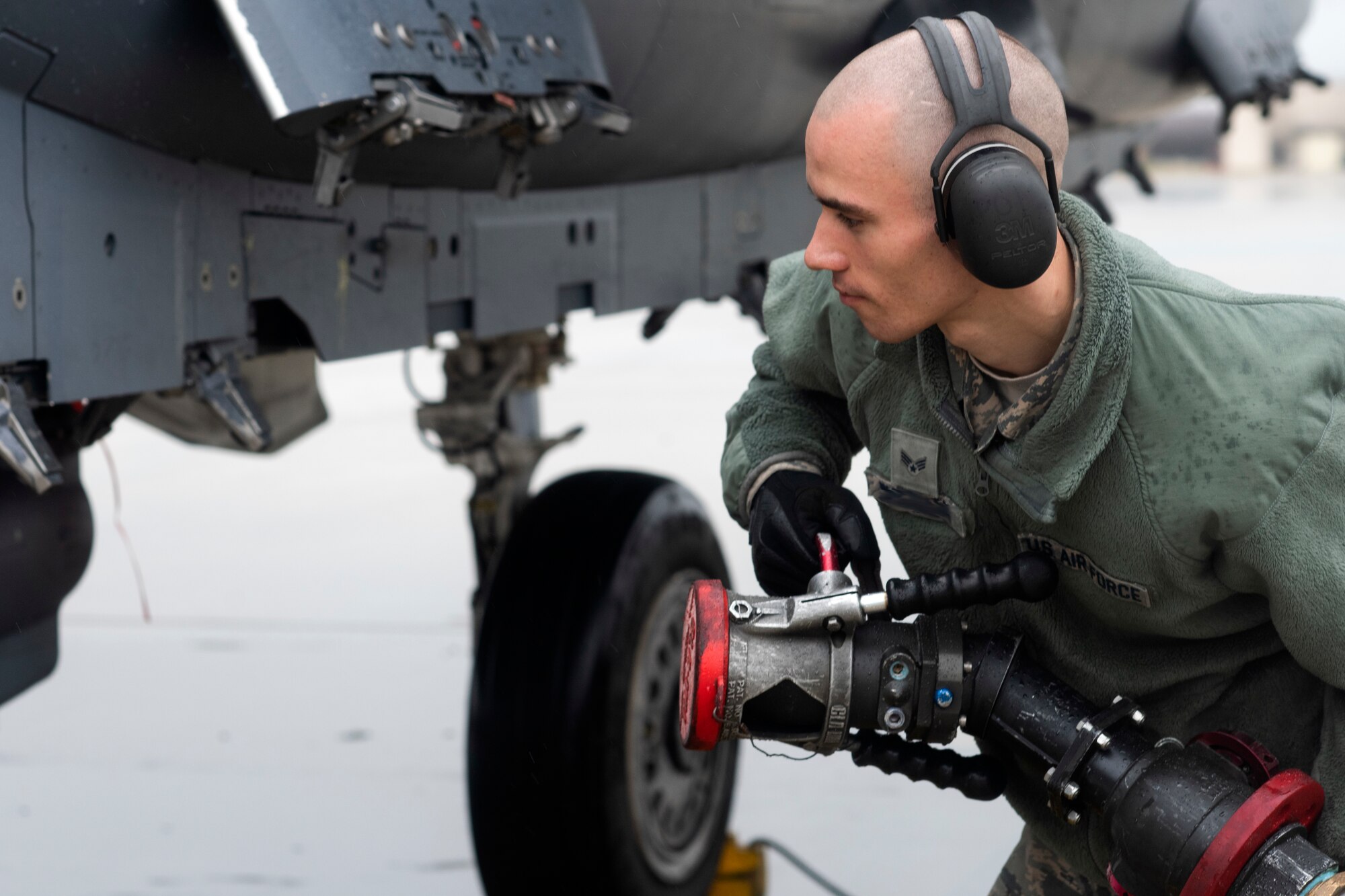 A maintainer assigned to the 492nd Aircraft Maintenance Unit refuels an F-15E Strike Eagle at Royal Air Force Lakenheath, England, May 8, 2019. The 492nd AMU Airmen maintain the world's premier multi-role fighter, the F-15E Strike Eagle to ensure RAF Lakenheath remains combat-ready. (U.S. Air Force photo by Senior Airman Malcolm Mayfield)