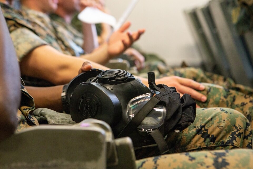 U.S. Marines assigned to Marine Aerial Refueler Transport Squadron (VMGR) 252 receive Chemical, Biological, Radiological and Nuclear (CBRN) defense training at Marine Corps Air Station Cherry Point, North Carolina, April 19, 2019.