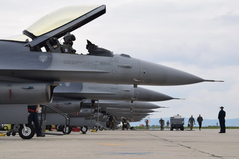 U.S. Air Force Airmen assigned to the 301st Fighter Wing, Naval Air Station Joint Reserve Base Fort Worth, Texas, prepare to launch F-16C Fighting Falcons at Campia Turzii, Romania, May 8, 2019, as part of Theater Security Package 19.1 in support of Operation Atlantic Resolve. Funded through the European Deterrence Initiative, TSP 19.1 provides a more robust U.S. military rotational presence in the European theater, capable of deterring, and if required, responding to regional threats. While in theater, these personnel and aircraft will participate in multiple readiness exercises alongside NATO allies and partners to strengthen interoperability and to demonstrate U.S. commitment to the stability and security of Europe (U.S. Air Force photo by 1st Lt. Andrew Layton).