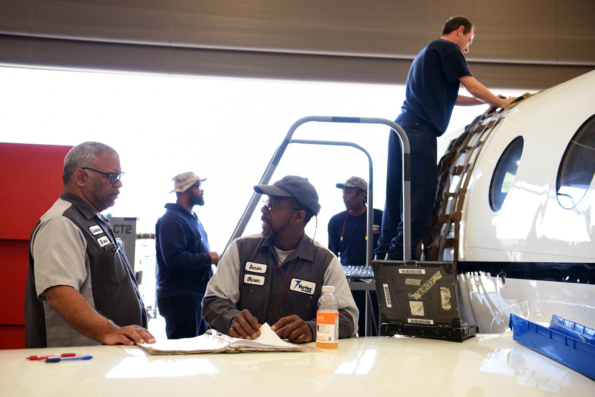Maintainers from the 48th Flying Training Squadron complete tasks to fix a T-1A Jayhawk April 22, 2019, on Columbus Air Force Base, Miss. Depending on aircraft issues, some parts will be quickly repaired and other times maintainers will have to completely disassemble and replace parts, ensuring aircrews' safety. (U.S. Air Force photo by Airman 1st Class Keith Holcomb)