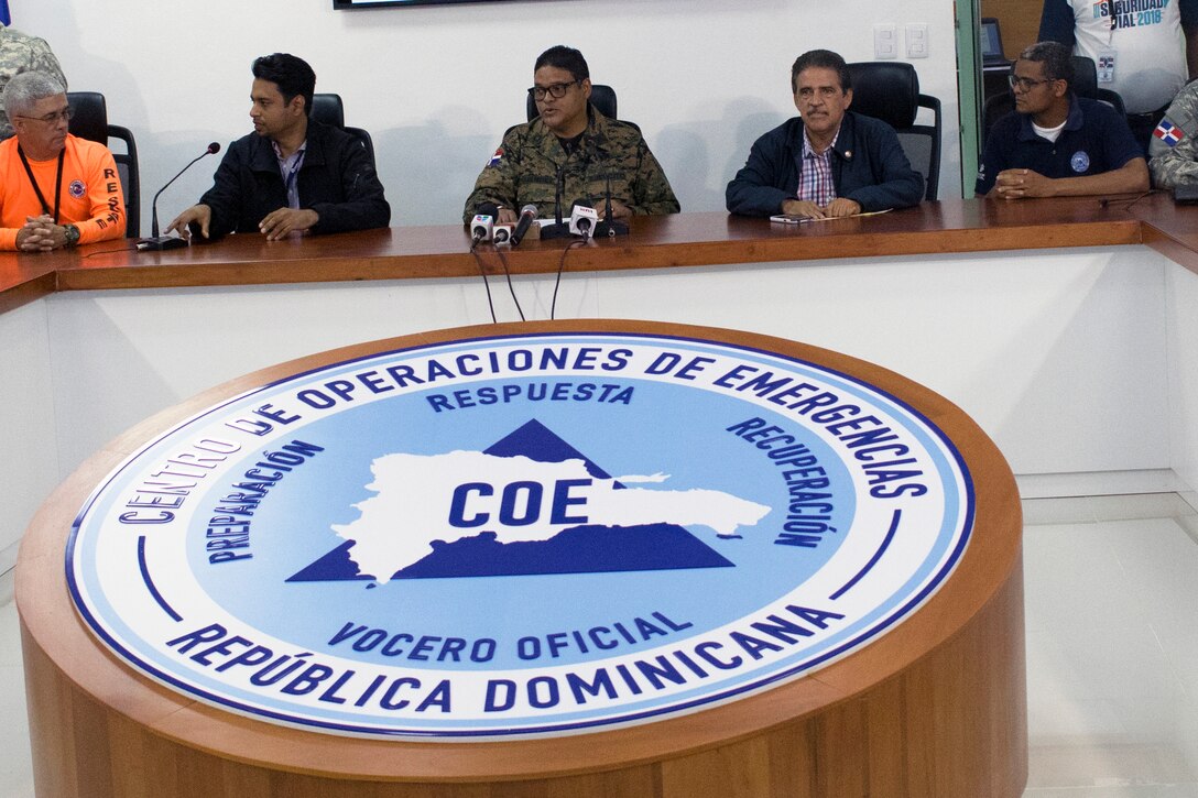 Participants in the multinational emergency-response exercise Fuerzas Aliadas Humanitarias 2019 meet in a mock-disaster briefing to coordinate response efforts at the Dominican Republic Emergency Operations Center in Santo Domingo, May 8, 2019.