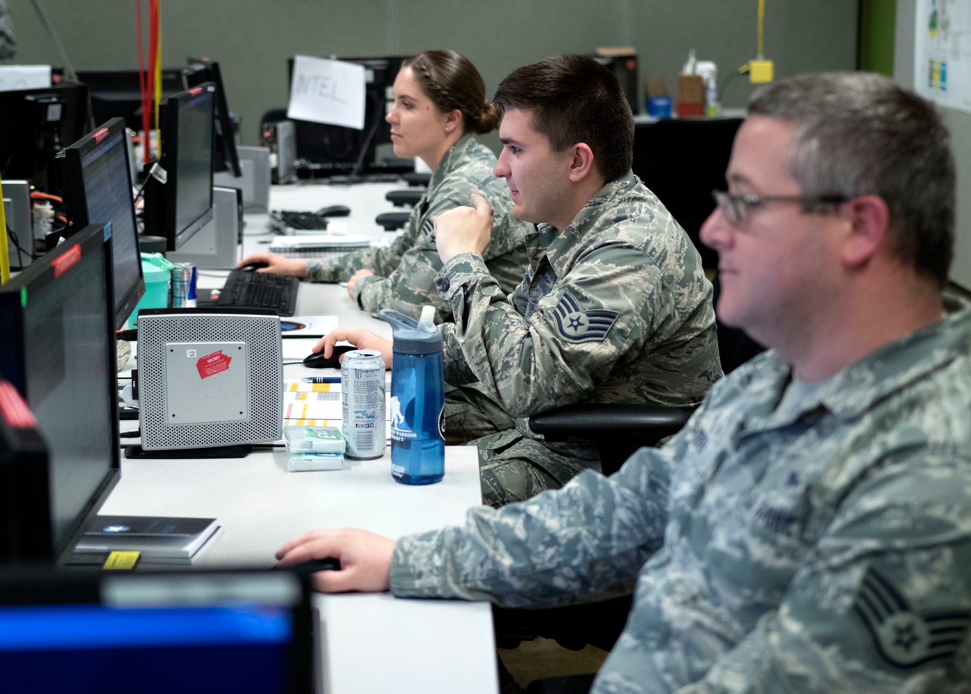Air Force cyber operators participate in Exercise Black Demon 19-2 at Fort Sam Houston, Texas, May 9, 2019. The two-week-long exercise provided cyber mission forces and cybersecurity service partners an opportunity to demonstrate proficiency in defensive cyber tactics, techniques and procedures against an adversary. The exercise also marked the first time an installation-level mission defense team participated. (U.S. Army photo by Jesus Partida)