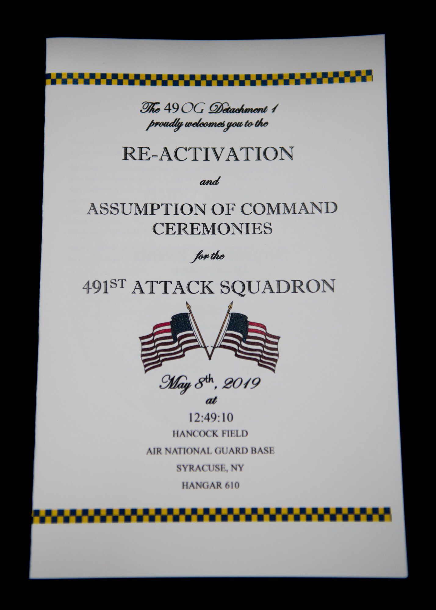 The 491st Attack Squadron, “the Ringers,” honored its first incoming commander, Lt. Col. Randall Noel, in an activation and assumption of command ceremony, May 8, 2019, on Hancock Field Air National Guard Base, N.Y. The squadron currently has Airmen refueling aircraft daily on Hancock Field and Ft. Drum, New York, maintainers generating MQ-9s and cockpits, medical Airmen who ensure the pilots and sensor operators are receiving the care they need to fly, as well as an elite aircrew. (U.S. Air Force photo by Airman 1st Class Kindra Stewart)