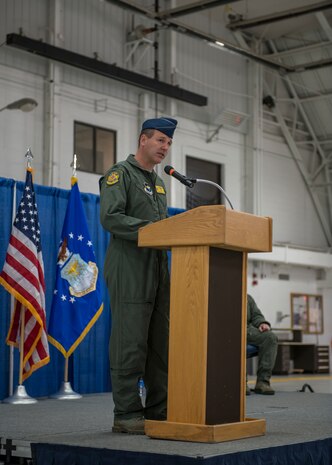 Col. Jeffery Patton, 49th Operations Group commander speaks at the 491st Attack Squadron's activation and assumption of command ceremony, May 8, 2019, on Hancock Field Air National Guard Base, N.Y. Lt. Col. Randall Noel, 491st ATKS commander, formerly led the 6th and 16th Attack Squadrons on Holloman Air Force Base, N.M., as the Director of Operations, and Patton said his credibility to the group’s mission to operate, educate and innovate, makes him a leader the squadron and the students can look up to. (U.S. Air Force photo by Airman 1st Class Kindra Stewart)