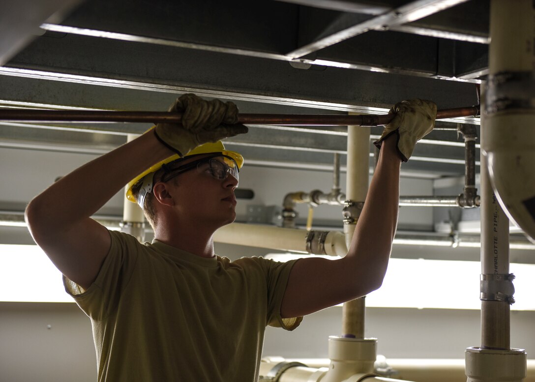 Airman Basic Charles Roush, 366th Training Squadron water and fuels systems maintenance apprentice course student, connects two copper pieces in order to create a suitable water line at Sheppard Air Force Base, Texas, May 8, 2019. Proper interior plumbing is essential to keep an installation functioning. Upon arriving to their first duty station, these students will become a key asset to the success of their base’s fuel and water systems. (U.S. Air Force photo by Senior Airman Ilyana A. Escalona)