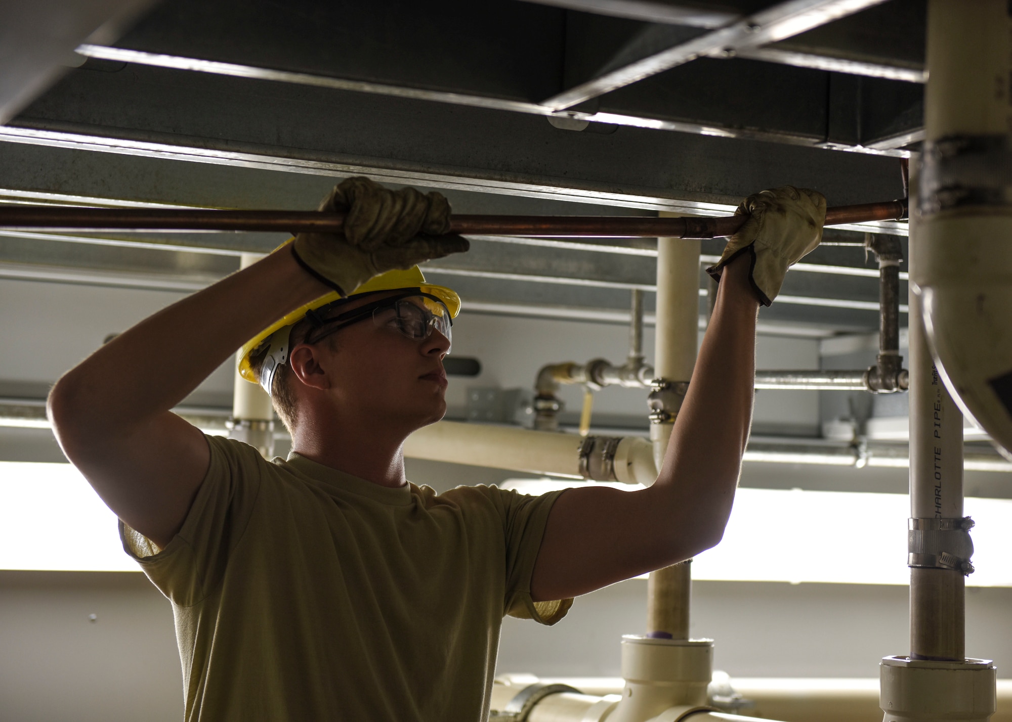Airman Basic Charles Roush, 366th Training Squadron water and fuels systems maintenance apprentice course student, connects two copper pieces in order to create a suitable water line at Sheppard Air Force Base, Texas, May 8, 2019. Proper interior plumbing is essential to keep an installation functioning. Upon arriving to their first duty station, these students will become a key asset to the success of their base’s fuel and water systems. (U.S. Air Force photo by Senior Airman Ilyana A. Escalona)