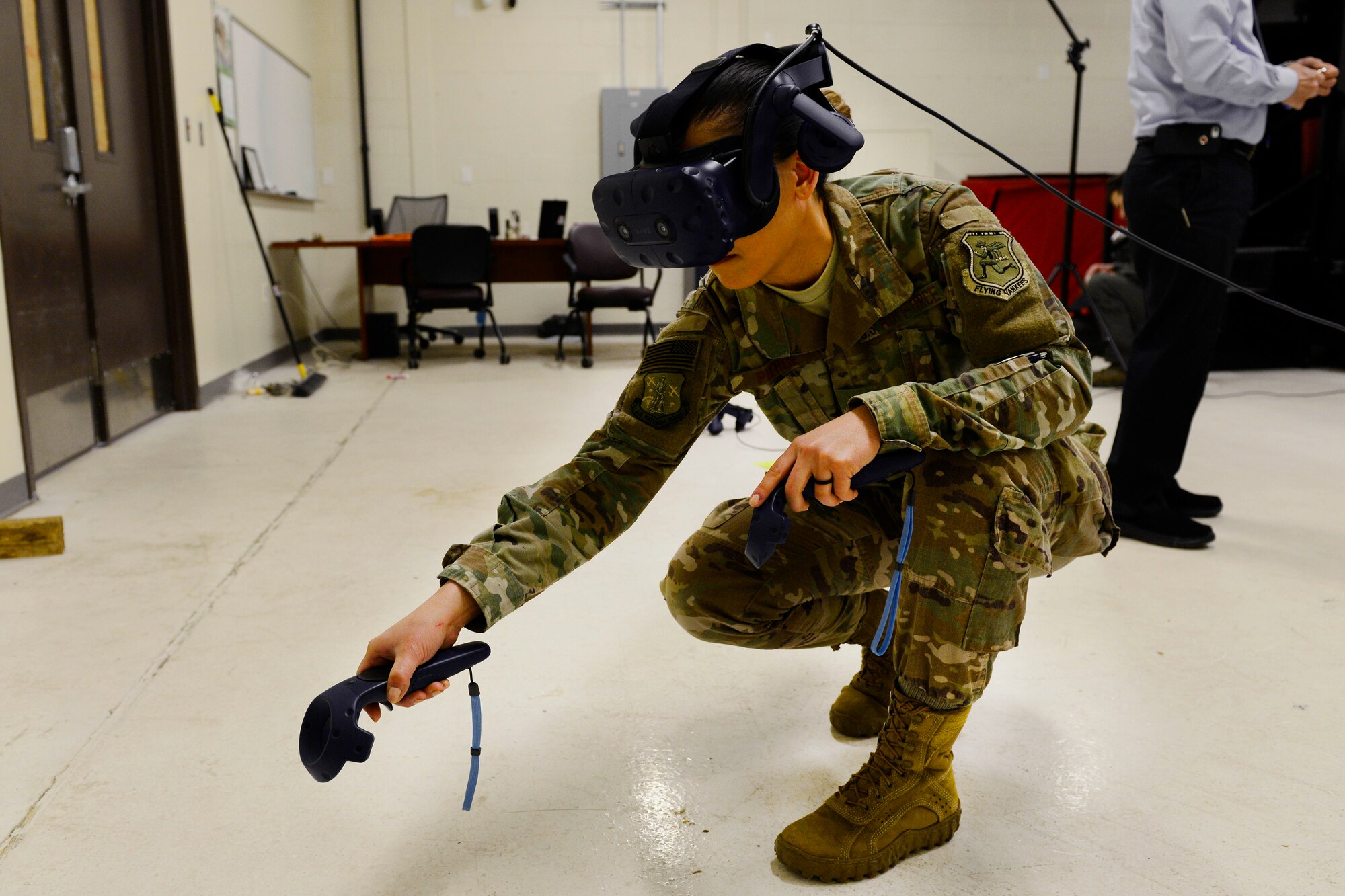 1st Lt. Jen Pierce, 103rd Airlift Wing, trains on the Virtual Loadmaster Training System (VLTS) March 29, 2019 at Bradley Air National Guard Base, Conn. The VLTS provides loadmasters the opportunity to practice in-flight emergency situations that would not be practical in real world application. (U.S. Air Force photo by Staff Sgt. Chad Warren)