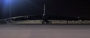 A B-52H Stratofortress assigned to the 20th Expeditionary Bomb Squadron is parked on the ramp at Al Udeid Air Base, Qatar, May 9, 2019. The B-52H supports stability in the region by providing its unique capabilities to the dynamic defense posture. This aircraft is part of the Bomber Task Force deployed to U.S. Central Command area of responsibility in order to defend American forces and interests in the region. (U.S. Air Force photo by Senior Airman Keifer Bowes)