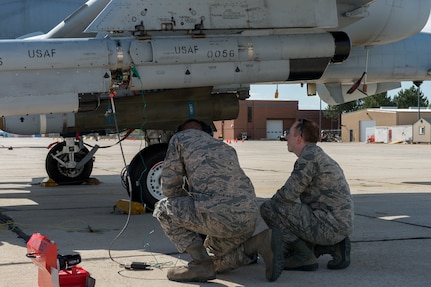 Members of Combat Shield from the 16th Electronic Warfare Squadron conduct an assessment of an A-10 Thunderbolt II with airmen from the 124th Fighter Wing, May 9, 2019, Gowen Field, Boise, Idaho. Combat Shield annually assess electronic warfare readiness for all combat Air Force wings.