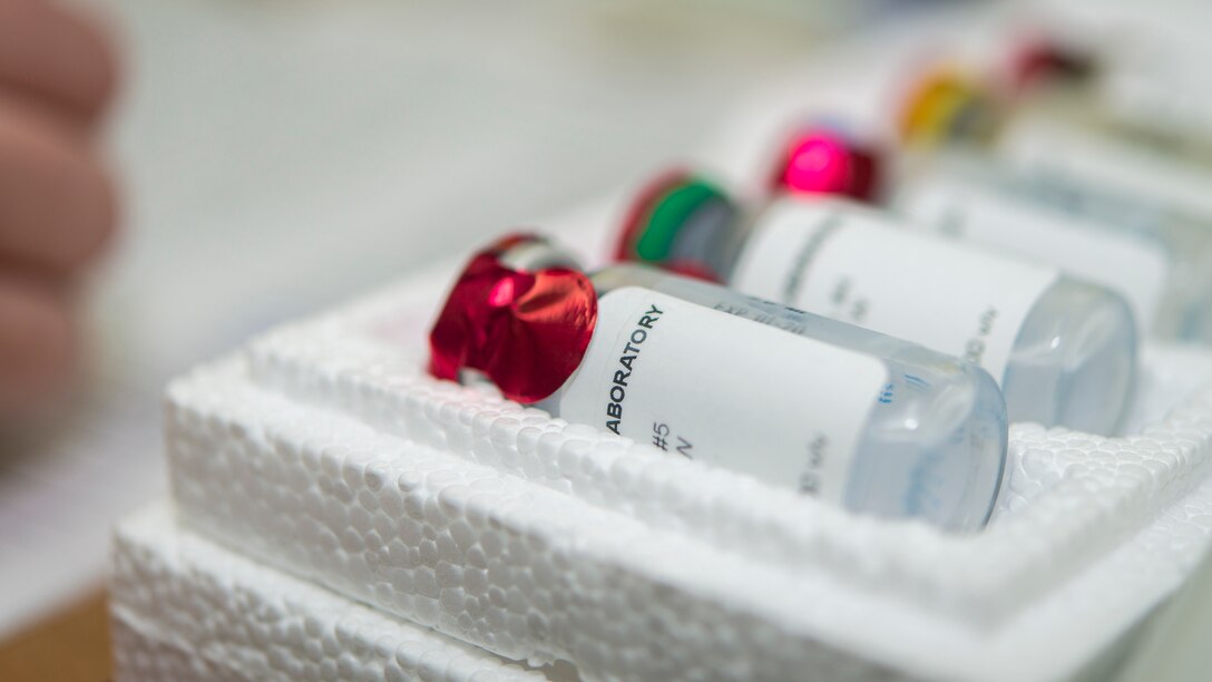 Vaccines in vials are lined up in a tightly fitting Styrofoam cooler