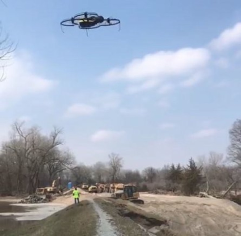 An Omaha District Unmanned Aerial System captures work on the Union Dike near Valley Nebraska after the 2019 runoff event. The flood event was due to water runoff from unregulated tributaries and compromised more than 500 miles of levees along the Missouri River.