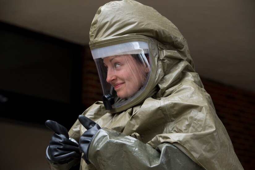 Capt. Malory Morris, a dentist assigned to the 628th Aerospace Medical Squadron, gives the thumbs up after putting on her personal protective equipment during an exercise May 9, 2019, at Joint Base Charleston, S.C.