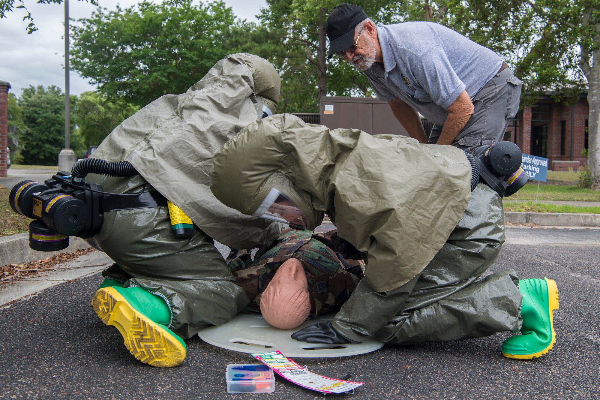 Capt. Malory Morris, a dentist assigned to the 628th Aerospace Medical Squadron, checks the vital signs of a simulated casualty during an exercise May 9, 2019, at Joint Base Charleston, S.C.