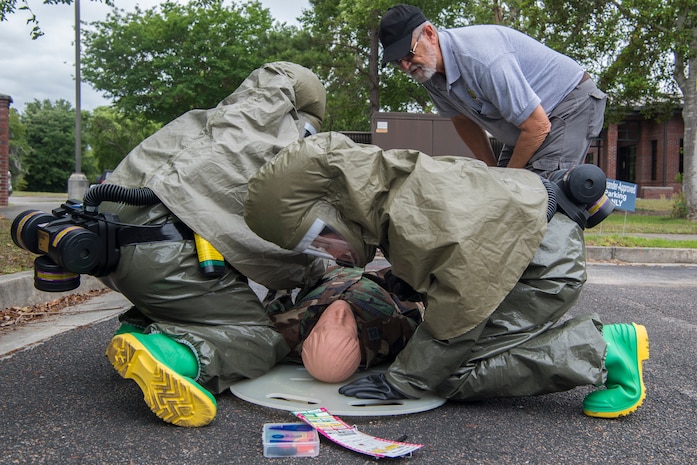 Capt. Malory Morris, a dentist assigned to the 628th Aerospace Medical Squadron, checks the vital signs of a simulated casualty during an exercise May 9, 2019, at Joint Base Charleston, S.C.
