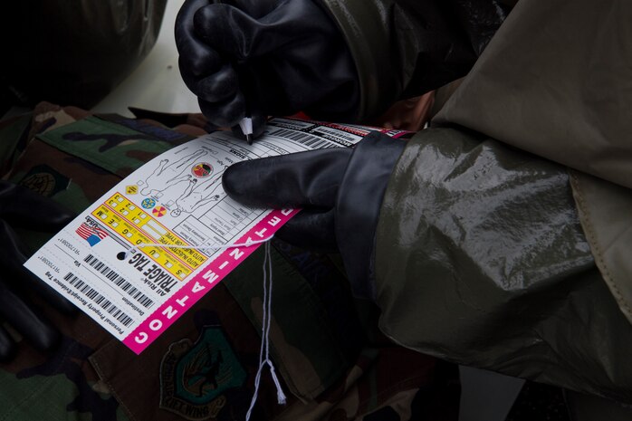An Airman from the 628th Medical Group fills out a field triage card May 9, 2019, at Joint Base Charleston, S.C.