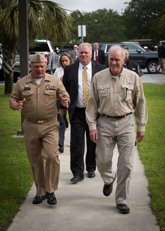 Capt. Aaron Peters, Naval Surface Warfare Center Panama City Division (NSWC PCD) commanding officer, provides a tour of NSWC PCD to Secretary of the Navy, Richard V. Spencer, May 10. NSWC PCD conducts research, development, test, and evaluation in four mission areas: mine warfare, diving and life support, naval special warfare, and amphibious and expeditionary warfare. U.S. Navy photo by Anthony Powers