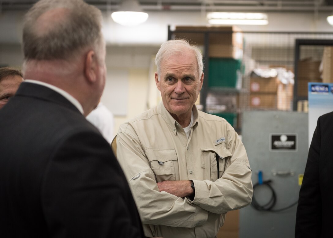 Ed Stewart, Naval Surface Warfare Center Panama City (NSWC PCD) technical director, discusses various aspects of mine warfare research, development, test, and evaluation that are conducted at NSWC PCD with the Secretary of the Navy, Richard V. Spencer, May 10. NSWC PCD rapidly prototypes tomorrow’s capabilities to Fleet users by capitalizing on a talented workforce and a prime location on the Gulf of Mexico. U.S. Navy photo by Anthony Powers