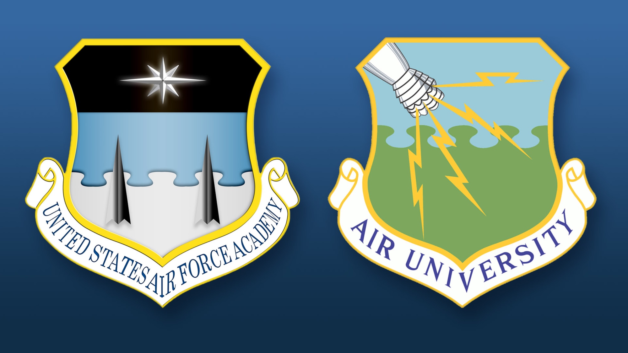 Illustration showing the Air University and United States Air Force Academy shields. AU and AFA recently signed a Memorandum of Understanding that will require, in part, an "AU-USAFA Annual Collaboration Plan,” detailing academics, events and programs the pair will be working on that year. (U.S. Air Force illustration by 2nd Lt. Robert Guest)
