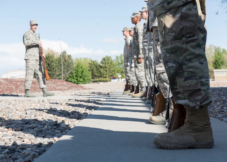The Mountain Home Air Force Base honor guard conducts training April 5, 2019 at their ceremonial unit. The training is conducted daily to ensure that gaurdsmen remain efficient in the ceremonial movements. (U.S. Air Force photo by Senior Airman Tyrell Hall)