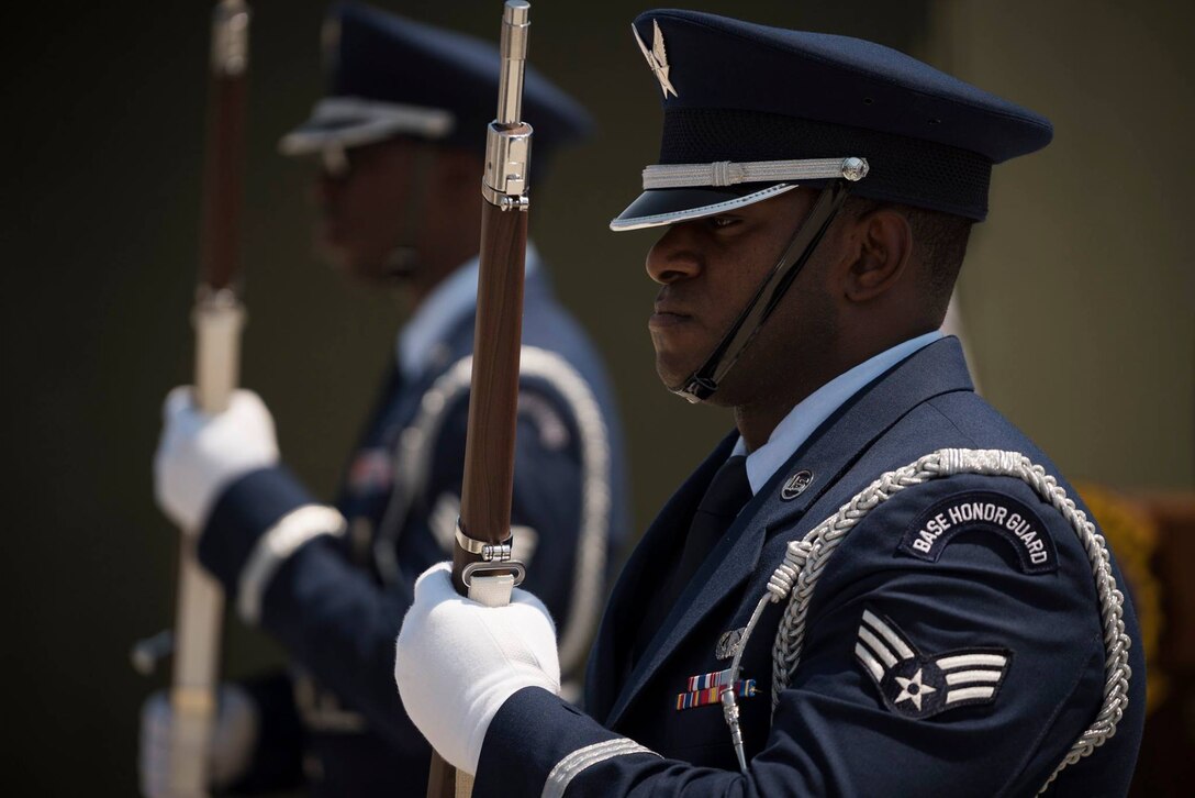 The Mountain Home Air Force Base honor guard conducts a ceremony April 5, 2019 at Mountain home Air Force Base. (U.S. Air Force photo by Airman First Class Janae Capuno)