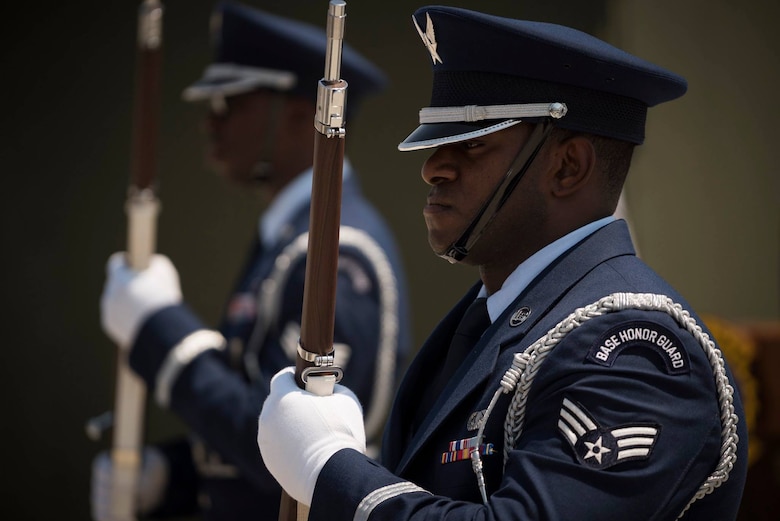 The Mountain Home Air Force Base honor guard conducts a ceremony April 5, 2019 at Mountain home Air Force Base. (U.S. Air Force photo by Airman First Class Janae Capuno)