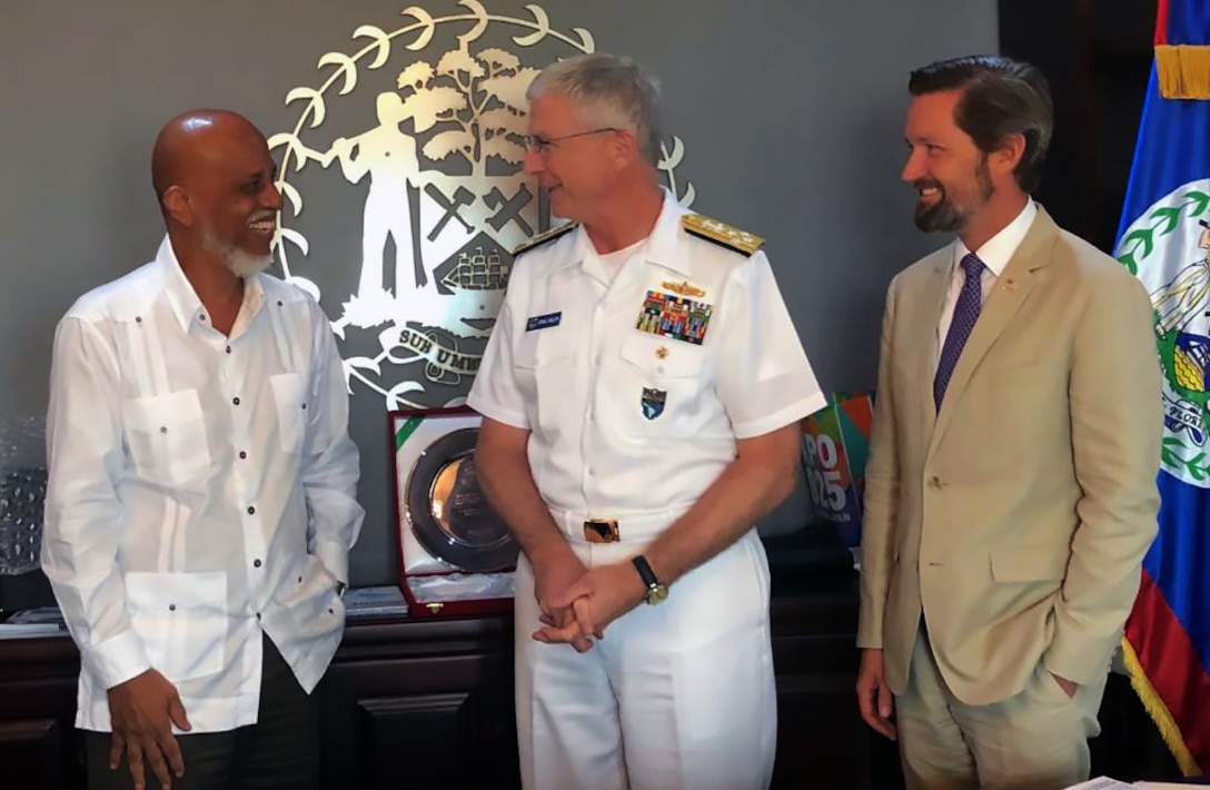 The commander of U.S. Southern Command, Navy Adm. Craig Faller, meets with Belizean Prime Minister Dean Barrow.