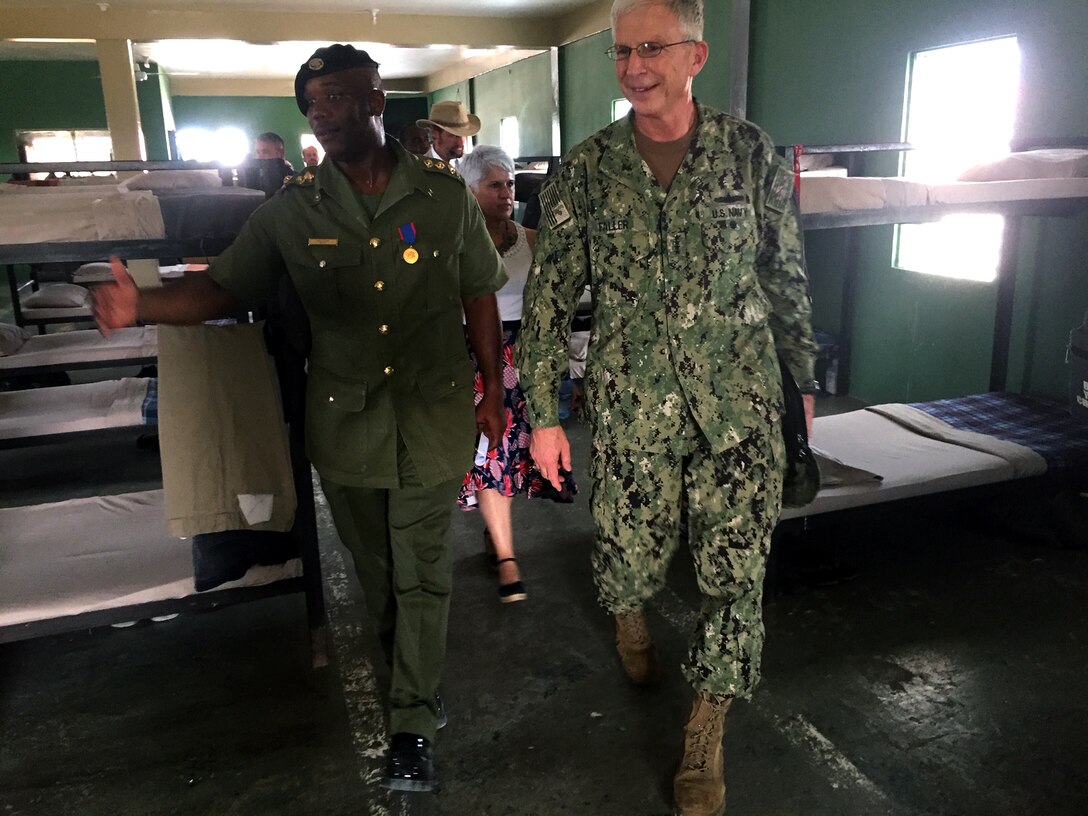 The commander of U.S. Southern Command, Navy Adm. Craig Faller, visits the Belize Youth Challenge Program (BYCP) which is managed by the Belize Defense Force with support from the Louisiana National Guard