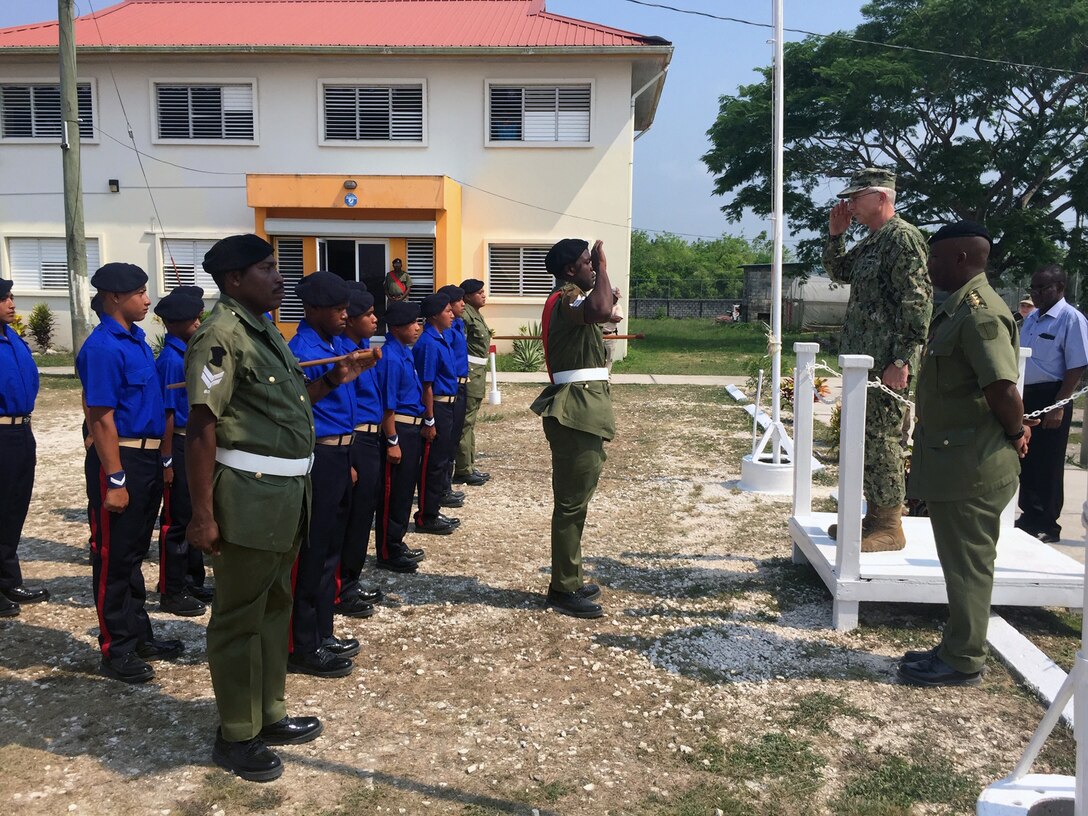 The commander of U.S. Southern Command, Navy Adm. Craig Faller, visits the Belize Youth Challenge Program (BYCP) which is managed by the Belize Defense Force with support from the Louisiana National Guard.