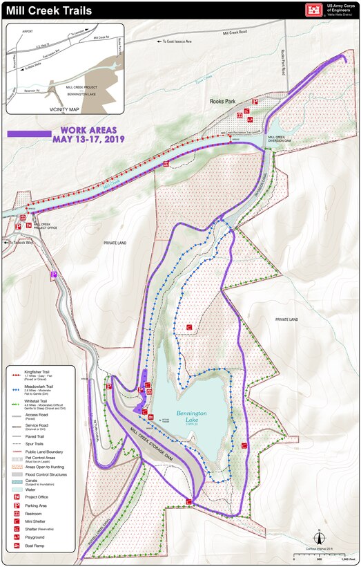 Work to re-grade gravel maintenance-access roads throughout the Mill Creek Dam and Bennington Lake project area will require intermittent trail closures May 13-17. For safety, visitors should respect all closed areas, and be aware of construction vehicles and trucks traveling along the gravel and paved roads on the project during this period.