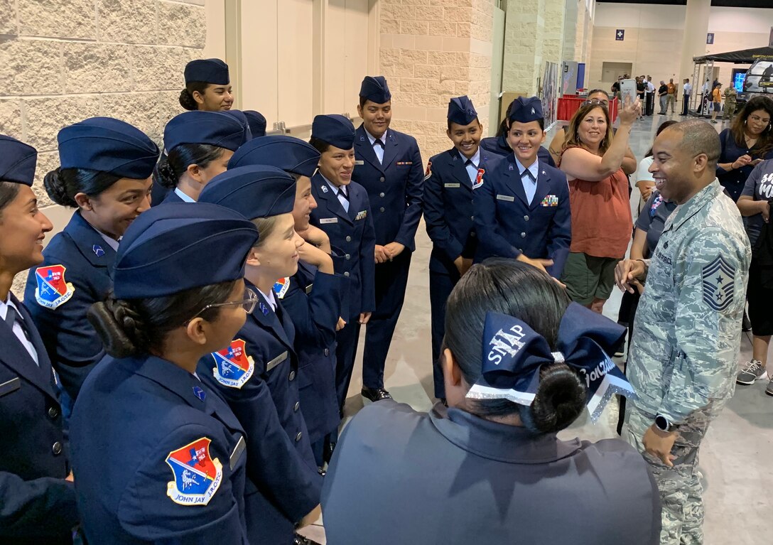 John Jay High School’s Unarmed Drill Team Air Force Junior Reserve Officer Training Corps cadets receive words of inspiration from U.S. Air Force Chief Master Sgt. Jermaine Evans, Holm Center command chief, May 3-5, 2019, at Maxwell Air Force Base, Ala. More than 900 Air Force Junior ROTC cadets took part in the competition. Of the 151 national-level trophies to be won among all services, the Air Force took home 84.