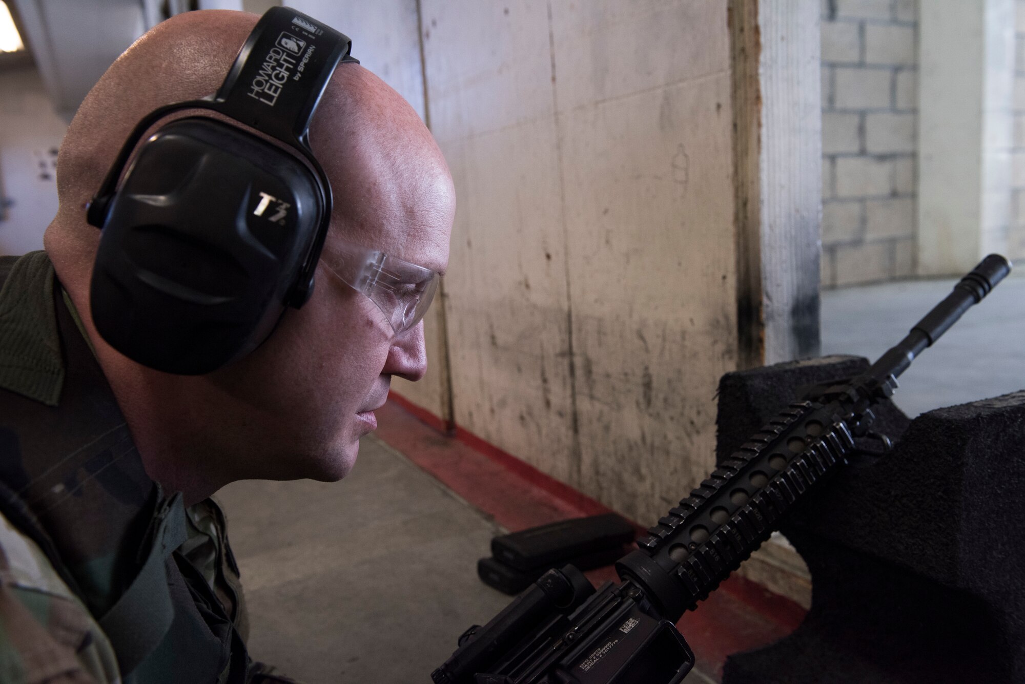Tech Sgt. Joshua Armstrong, 366th Operations Support Squadron air traffic controller, awaits instruction before firing his weapon April 25, 2019, at Mountain Home Air Force Base, Idaho. Combat Arms Training is required for Airmen to remain deployable. (U.S. Air Force Photo by Airman 1st Class Hailey Bivens)