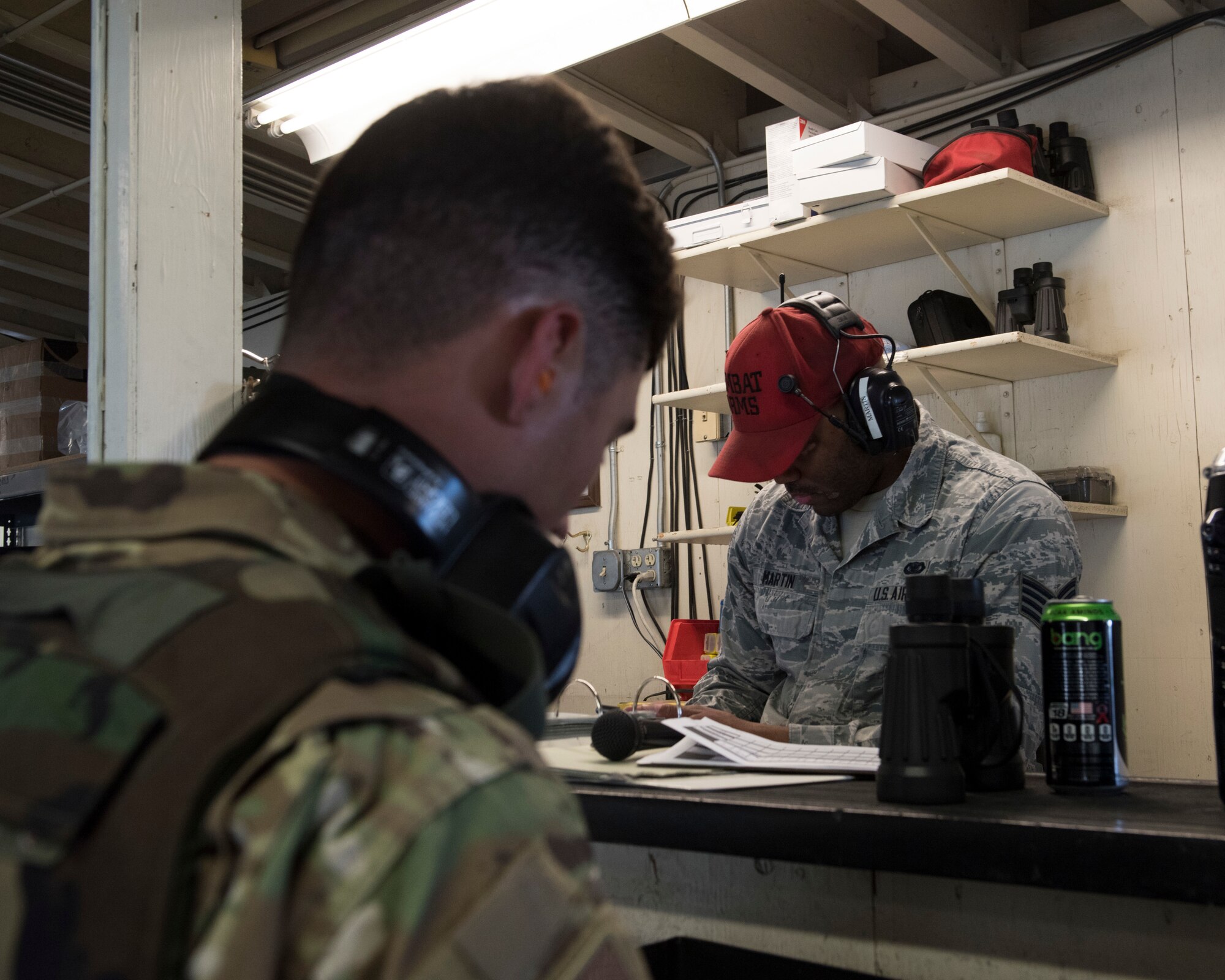 Staff Sgt. Corey Martin reviews the outline for class before making his next announcement April 25, 2019 at Mountain Home Air Force Base, Idaho. Techniques learned in the Combat Arms Training and Maintenance class could save an Airman in a deployed environment. (U.S. Air Force Photo by Airman 1st Class Hailey Bivens)